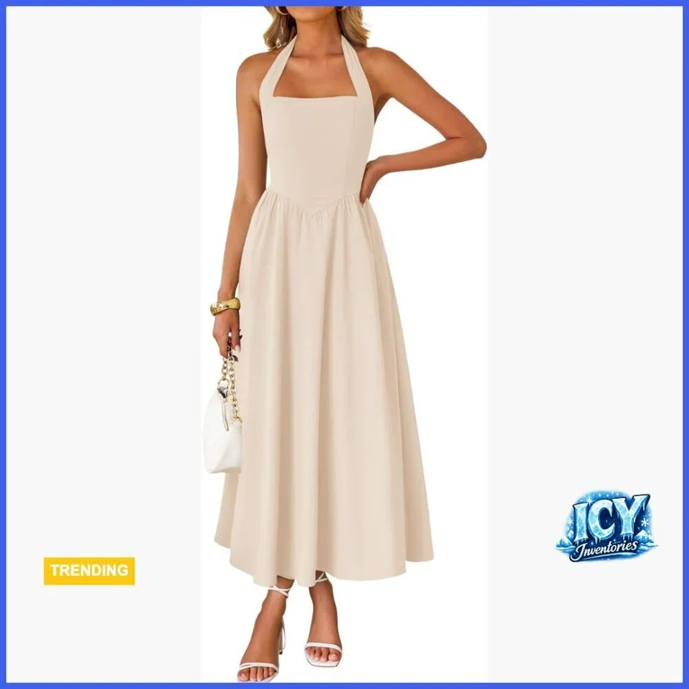 Sleeveless Halter Midi Dress Off Shoulder High Waist Flowy Beach Wedding Guest